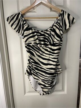 Michael Kors Beige and Black Ruffle Top One Piece Swimsuit size 12